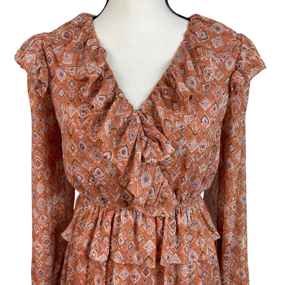 Moon River Anthropologie Maxi Dress Small Long Sleeve Ruffle V‑Neck Tiered Boho - Picture 2 of 12